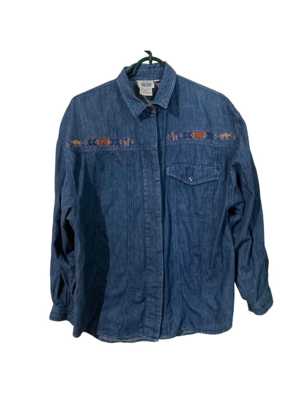 Vintage 1990s Together Denim Button-Up Shirt With Western Embroidery Size L